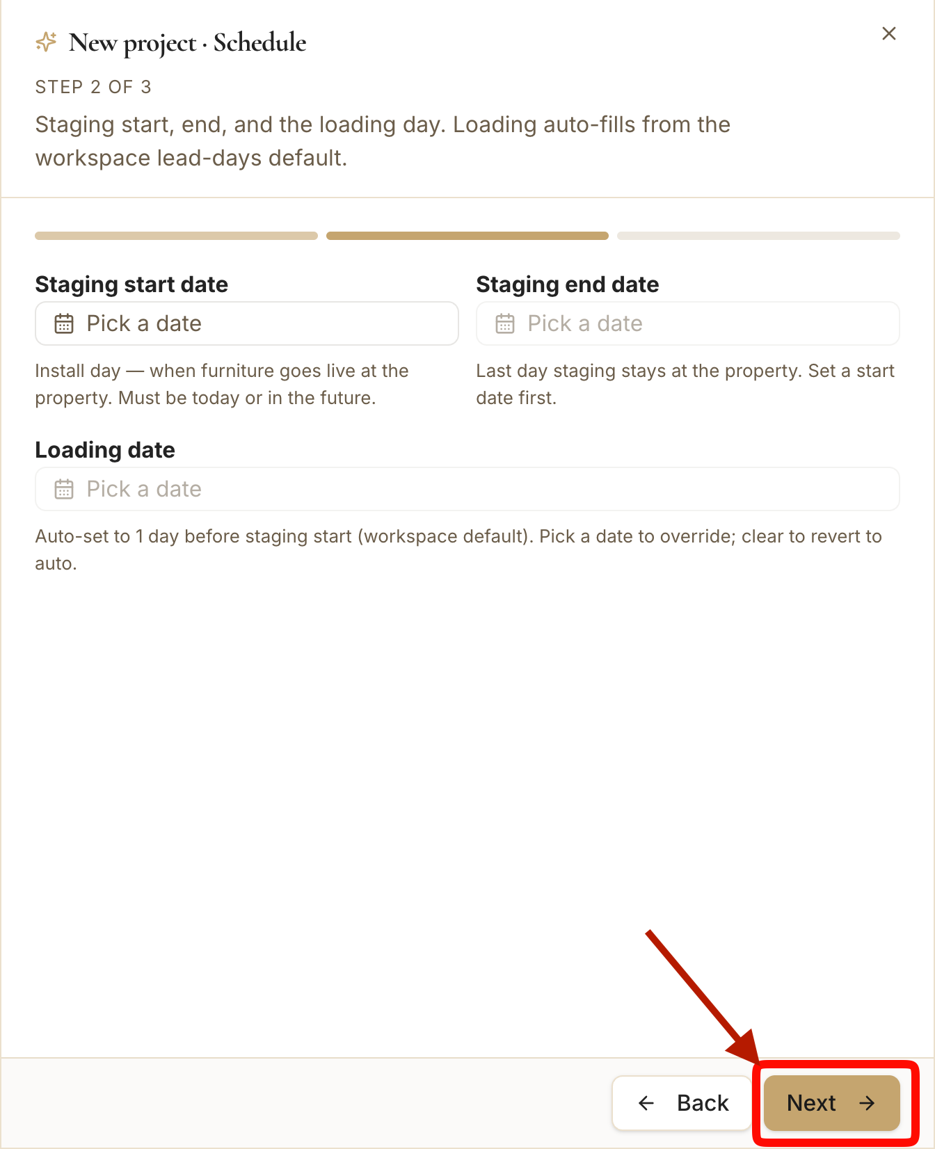 The Schedule step with start, end, and loading date fields