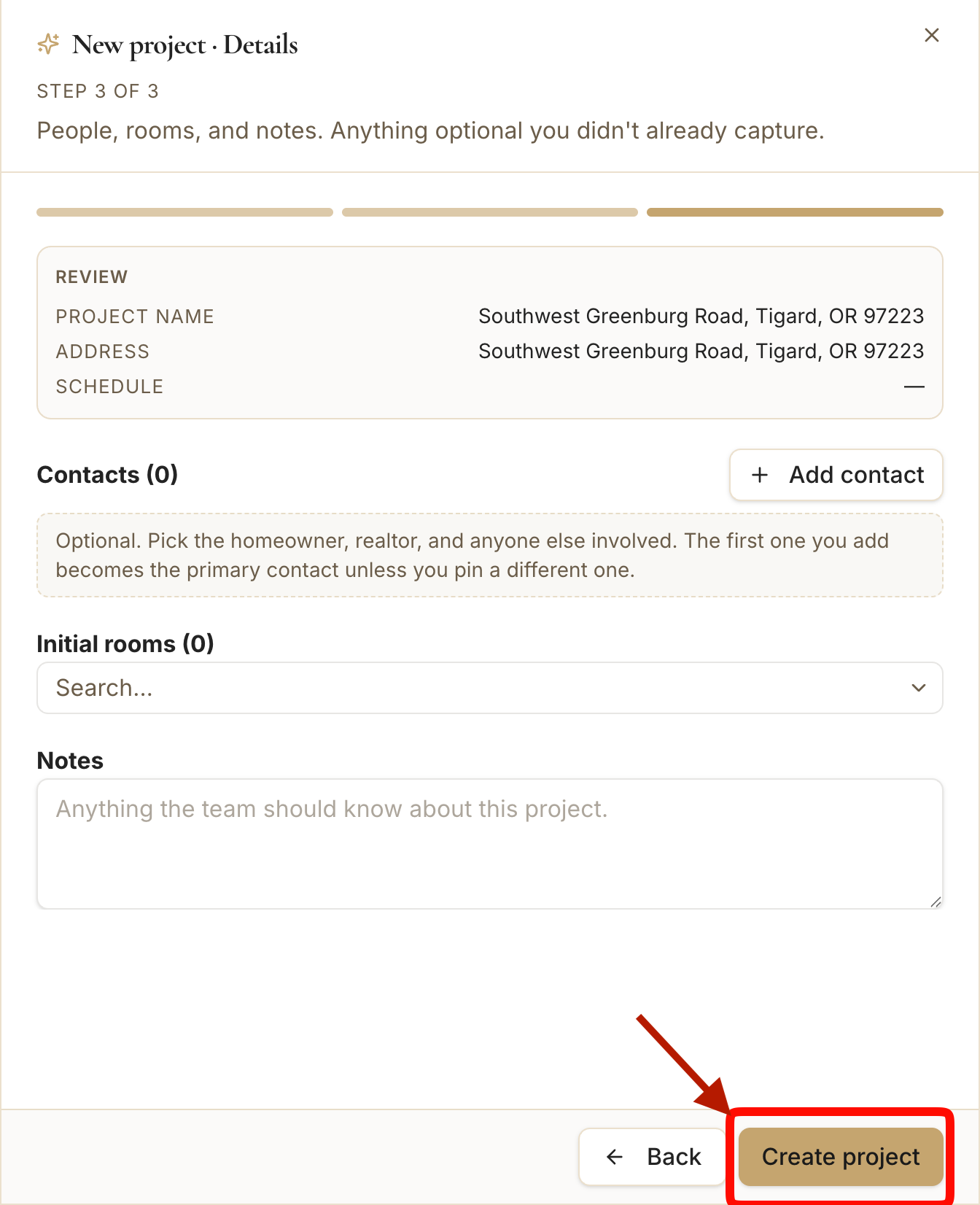 The schedule step with dates set and the Next button