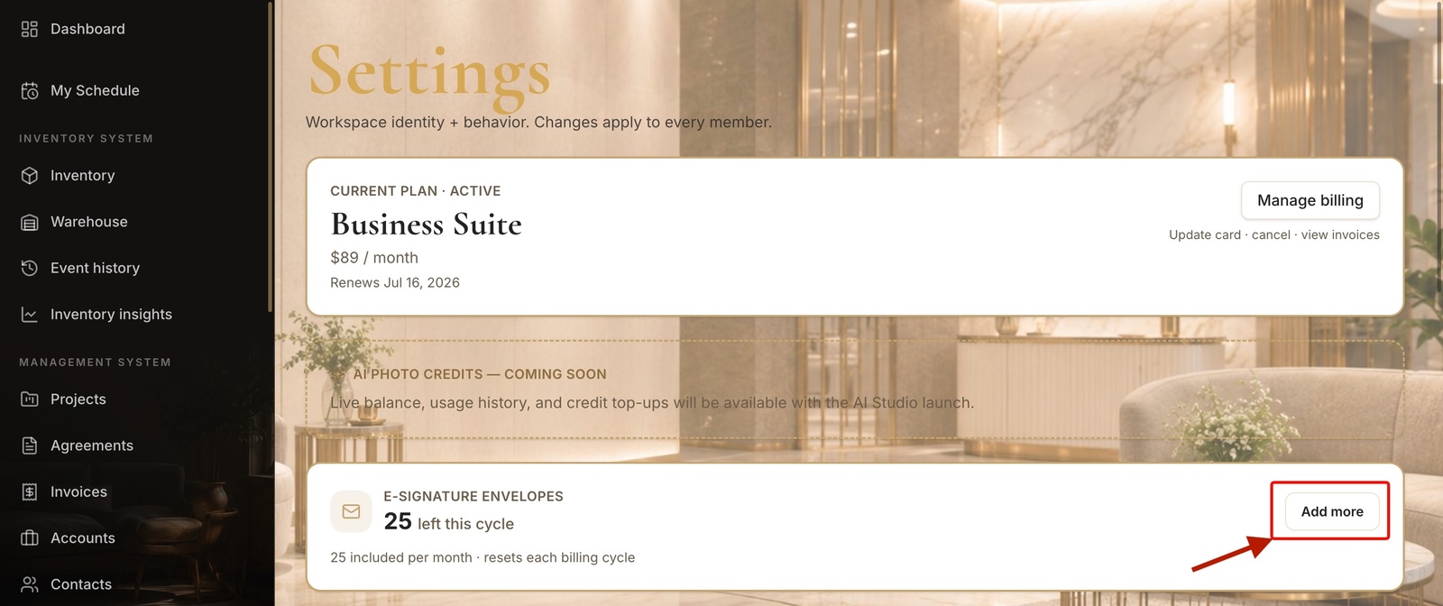 The e-Signature envelopes card