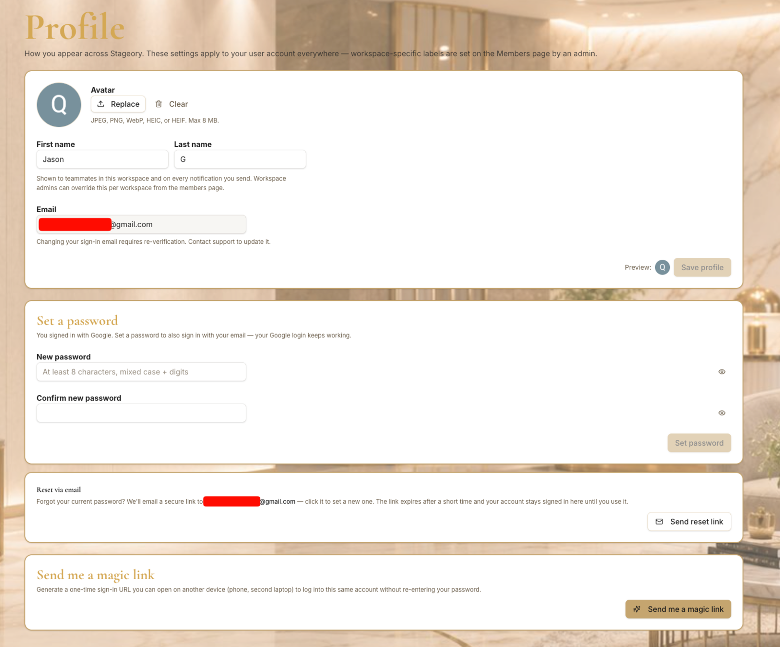 The password section on the Profile page