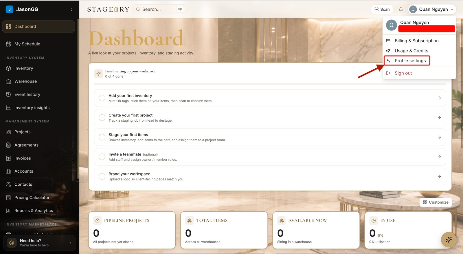 The account menu