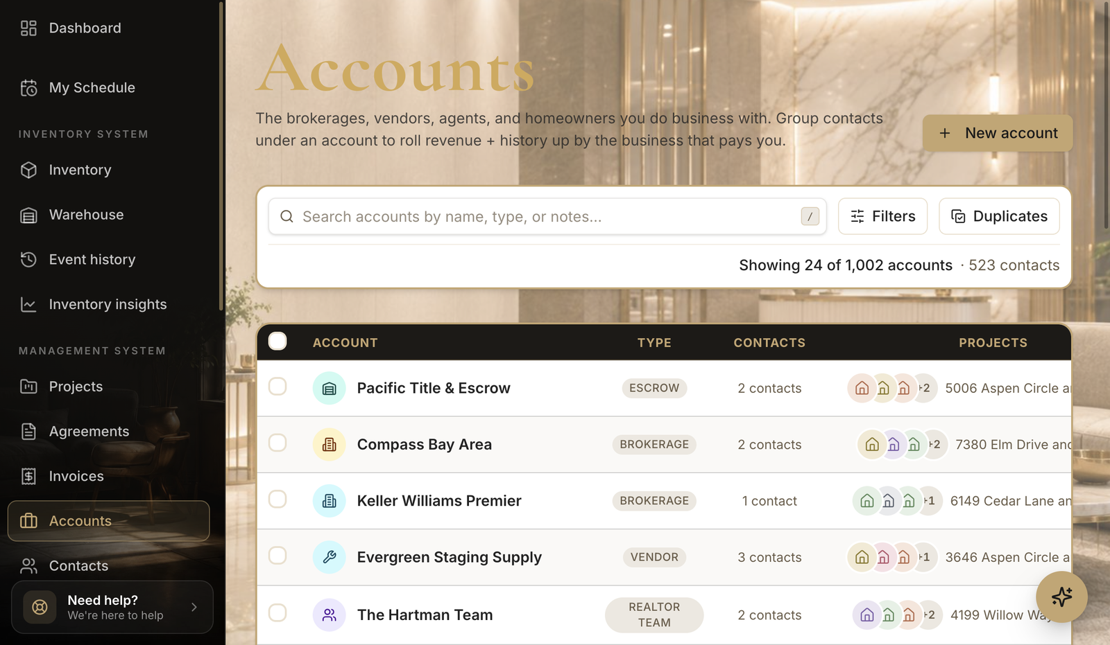 The Accounts page