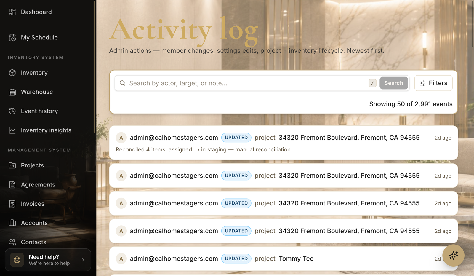 The activity log page