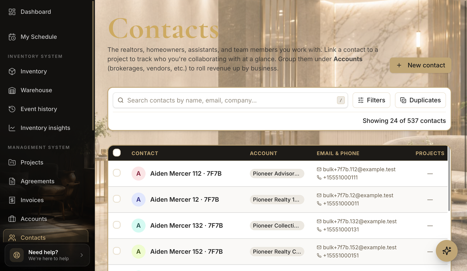 The Contacts page