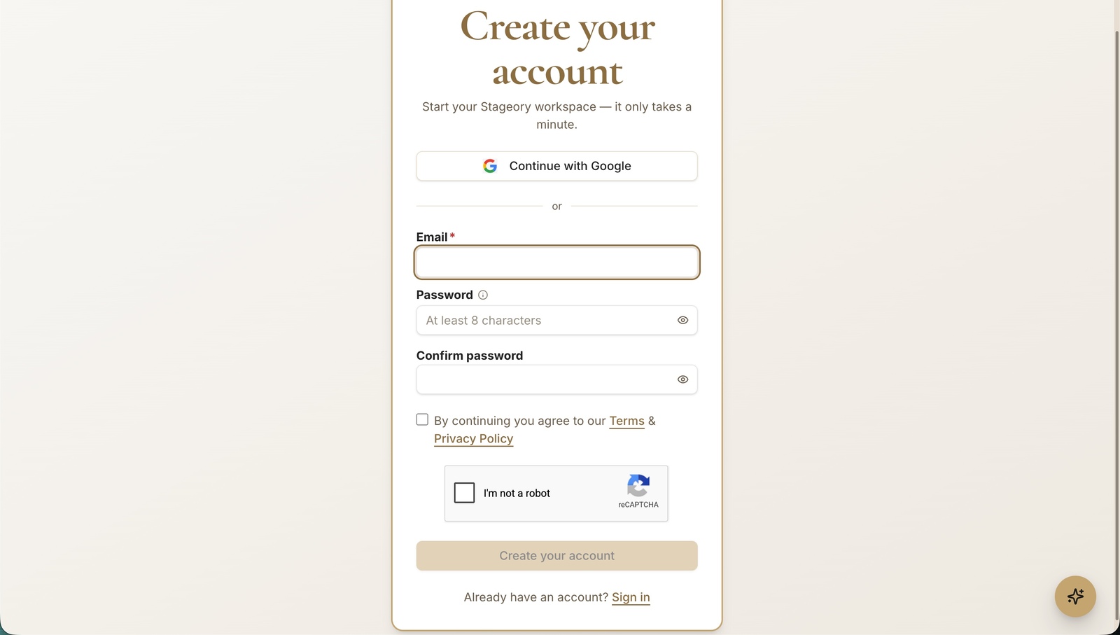 The Stageory create-account screen