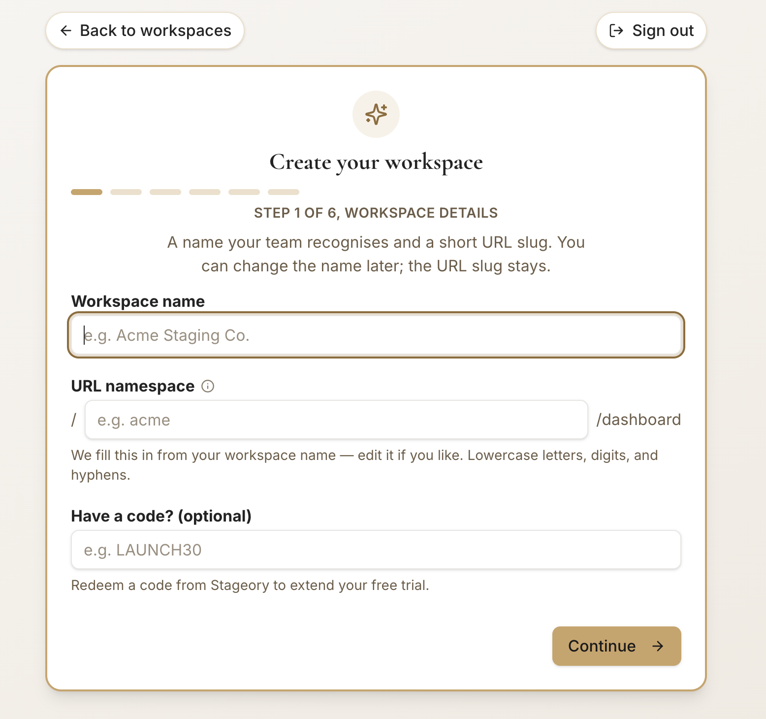 Workspace details — step 1 of 6