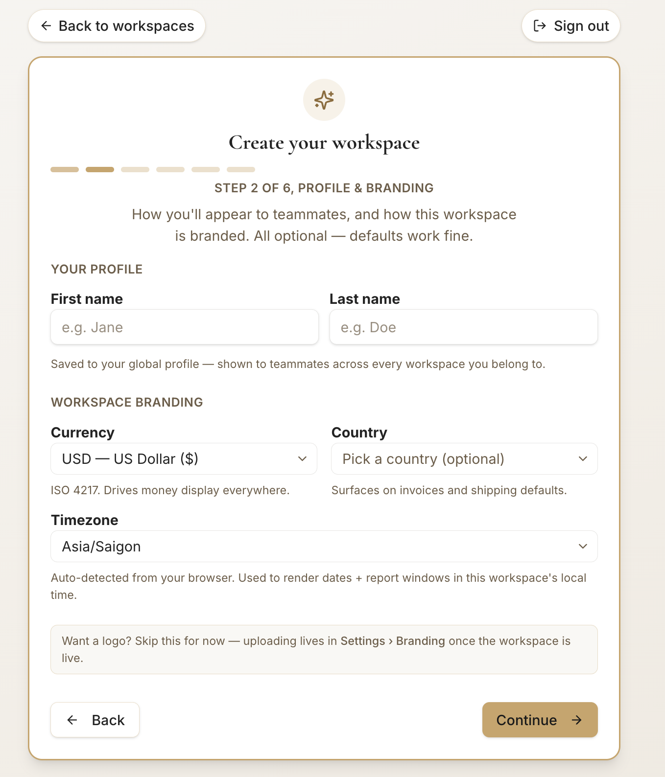 Profile & branding — step 2 of 6