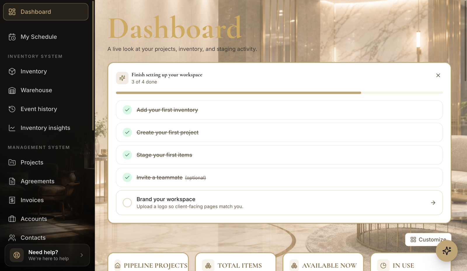 The dashboard onboarding checklist card