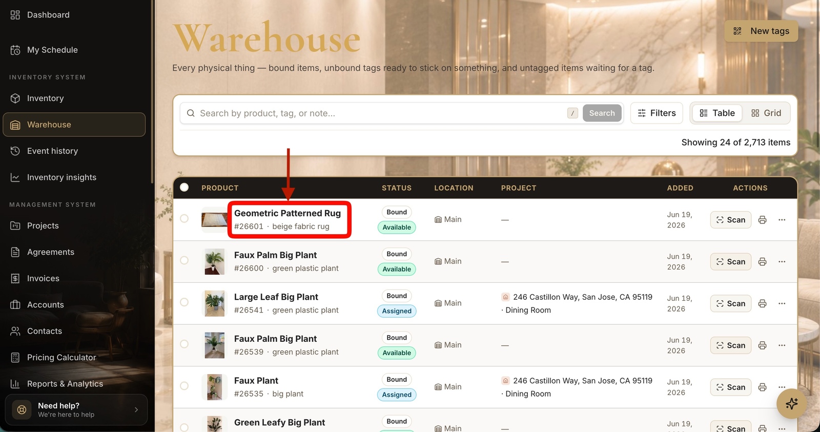 The Warehouse list with the Location column