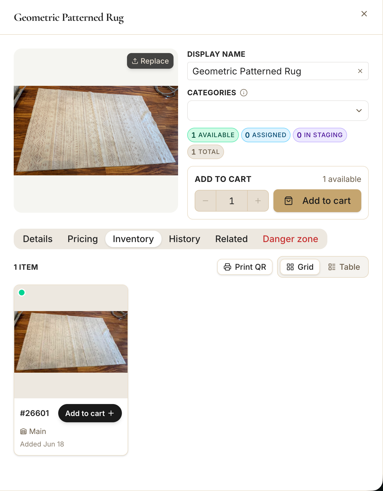 An item's Inventory tab showing its unit and location