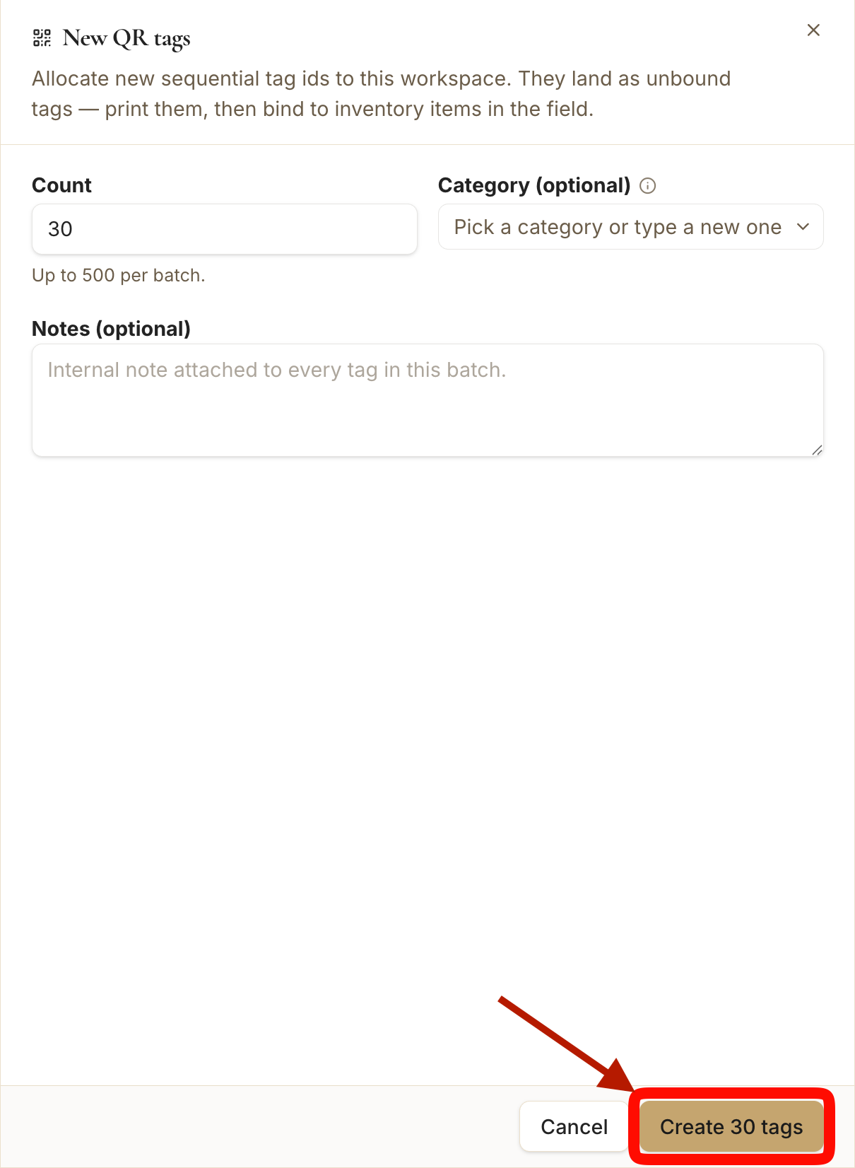 The New QR tags dialog