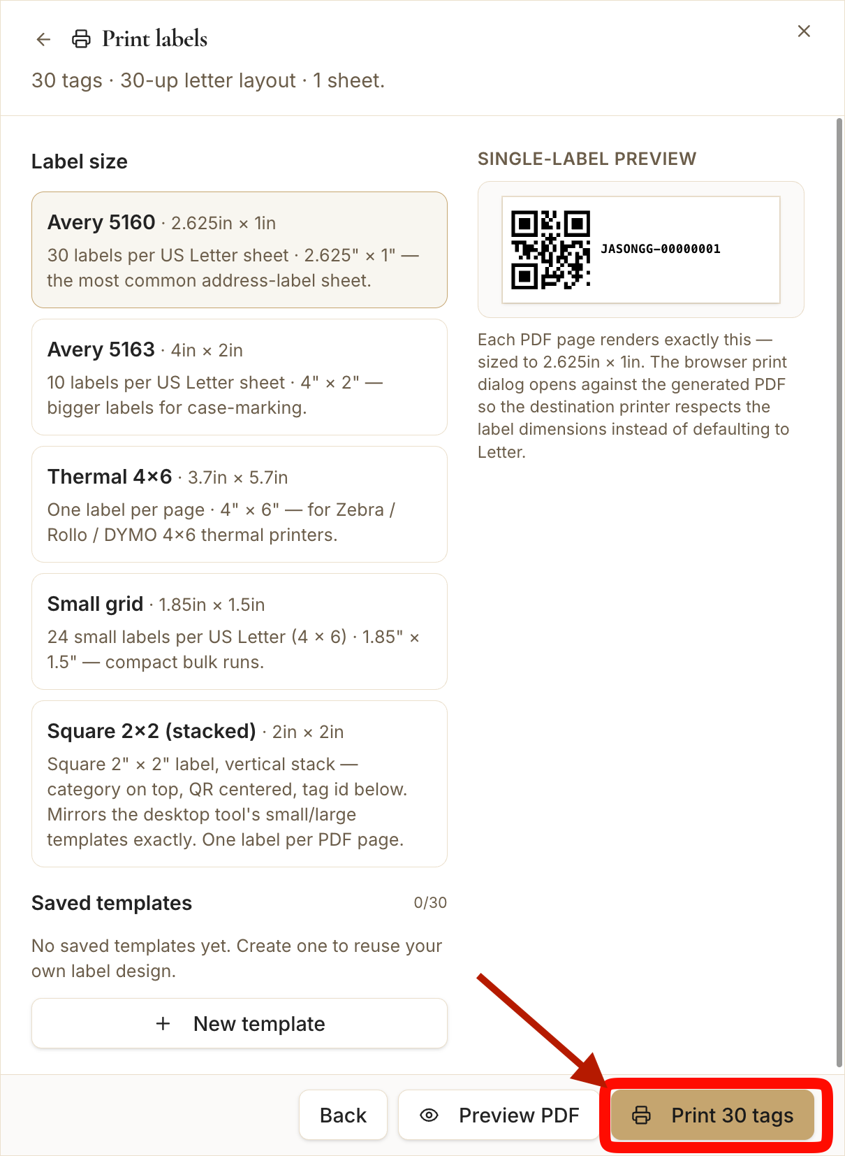 The Print labels screen