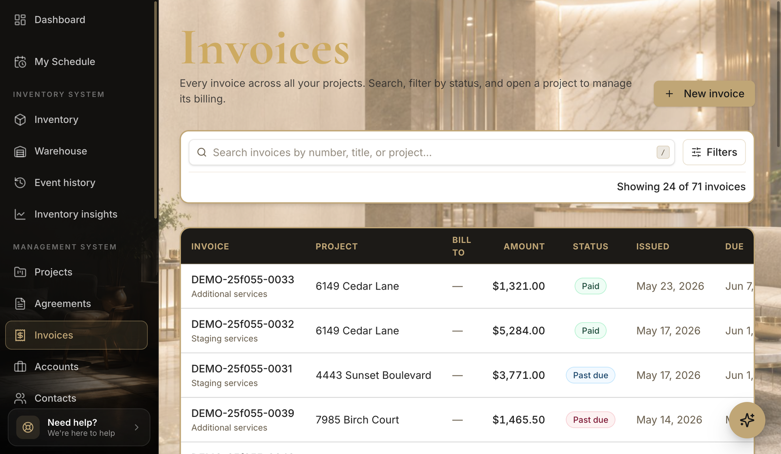 The Invoices page