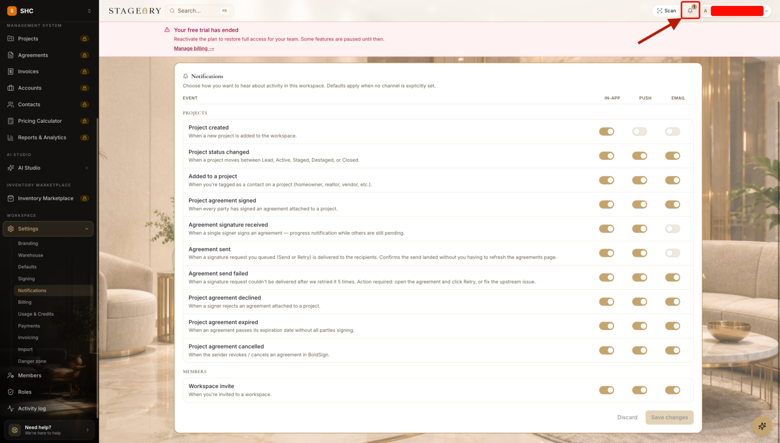 The notification preferences page