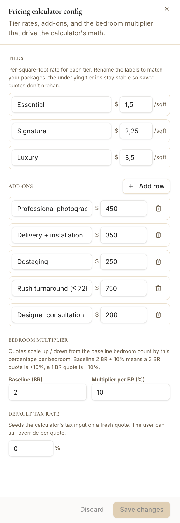 The Pricing calculator config panel