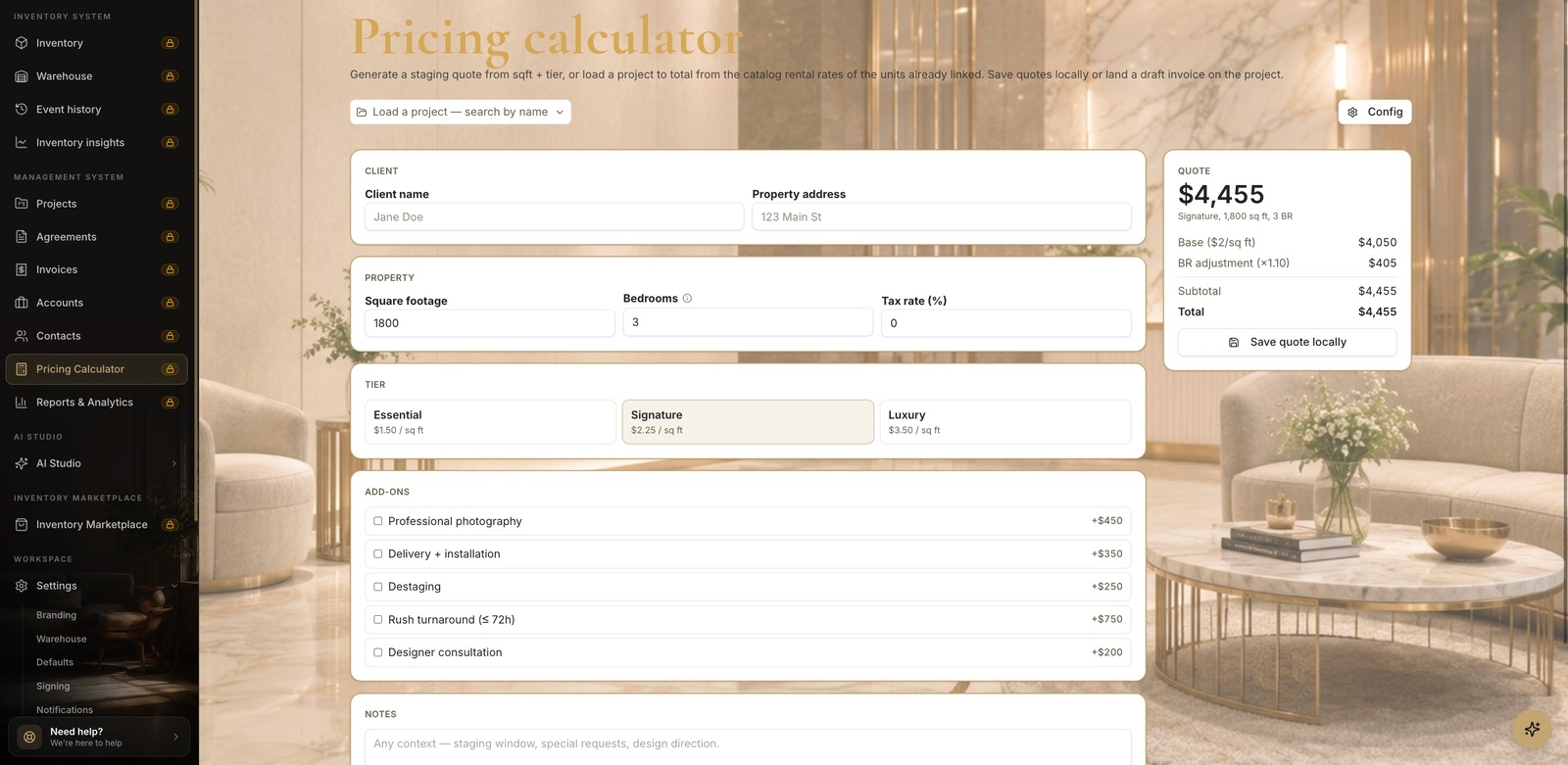 The Pricing Calculator page