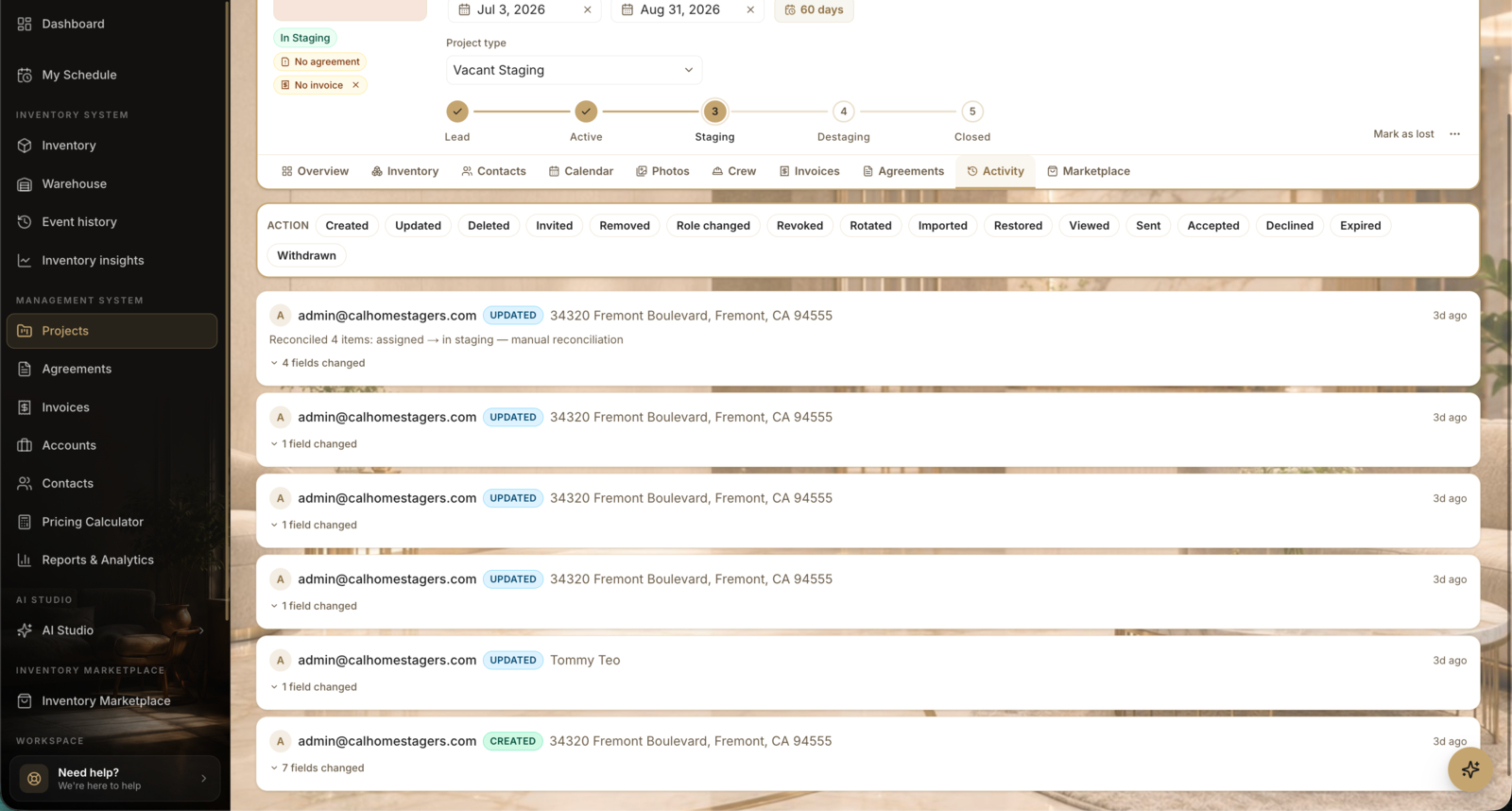 A project's Activity tab