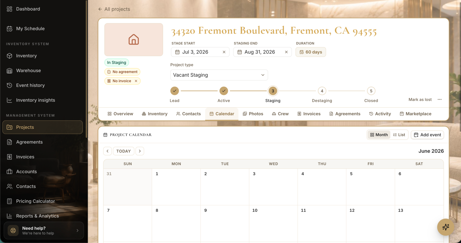 A project's Calendar tab