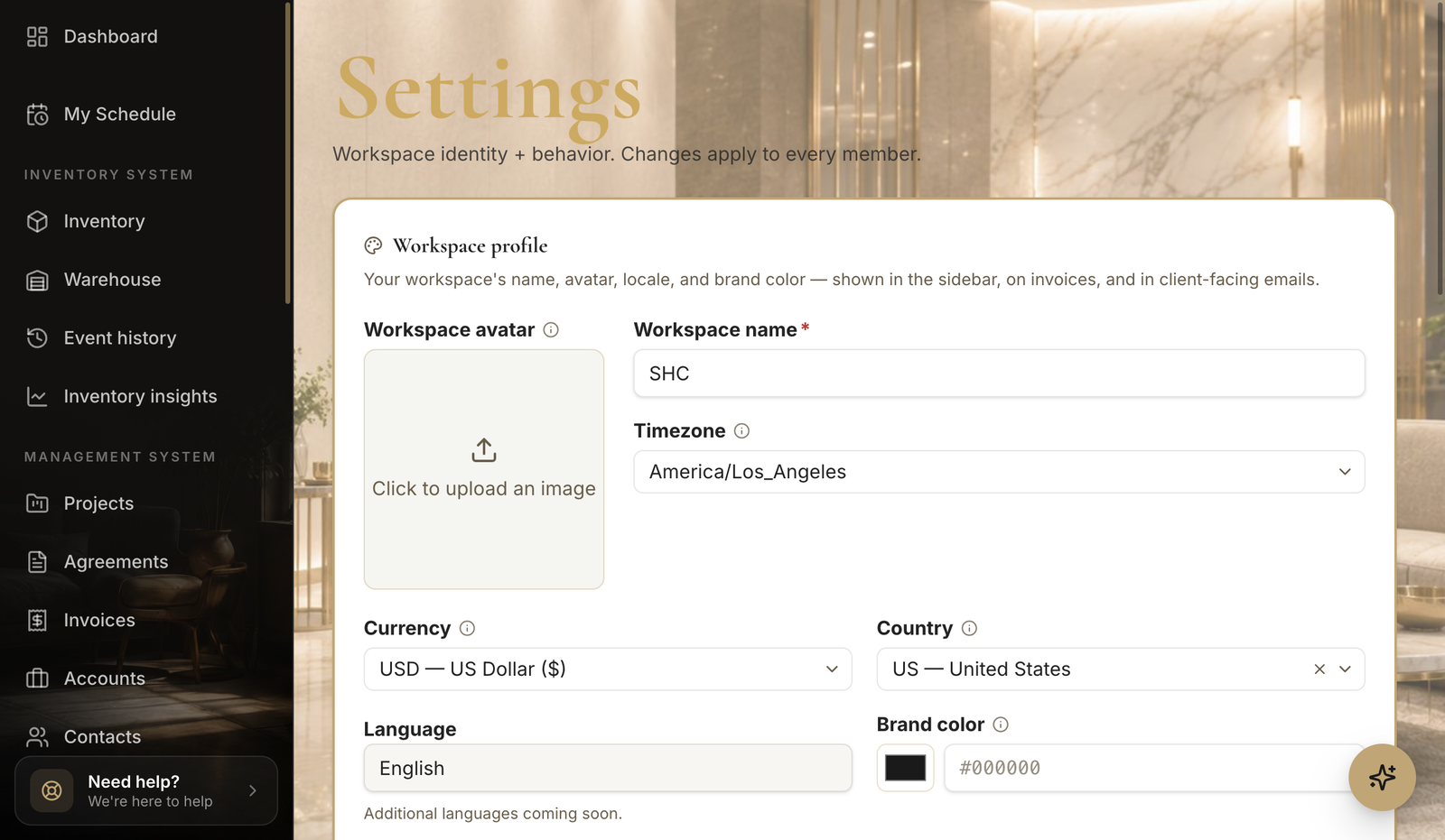 The Branding settings page