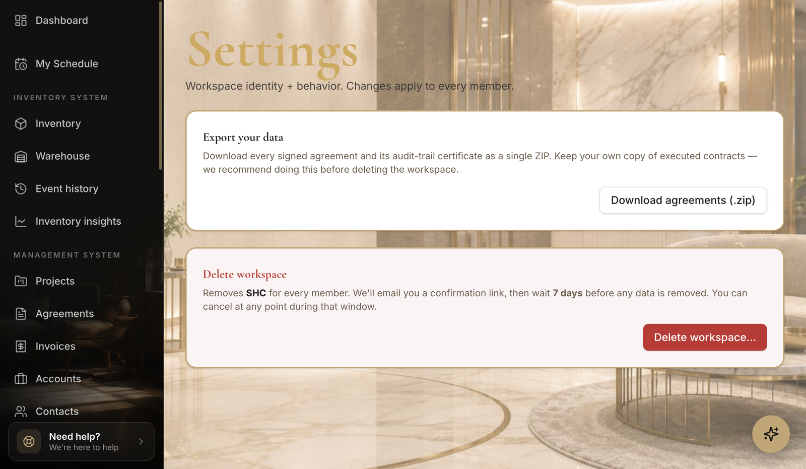 The Danger zone settings page