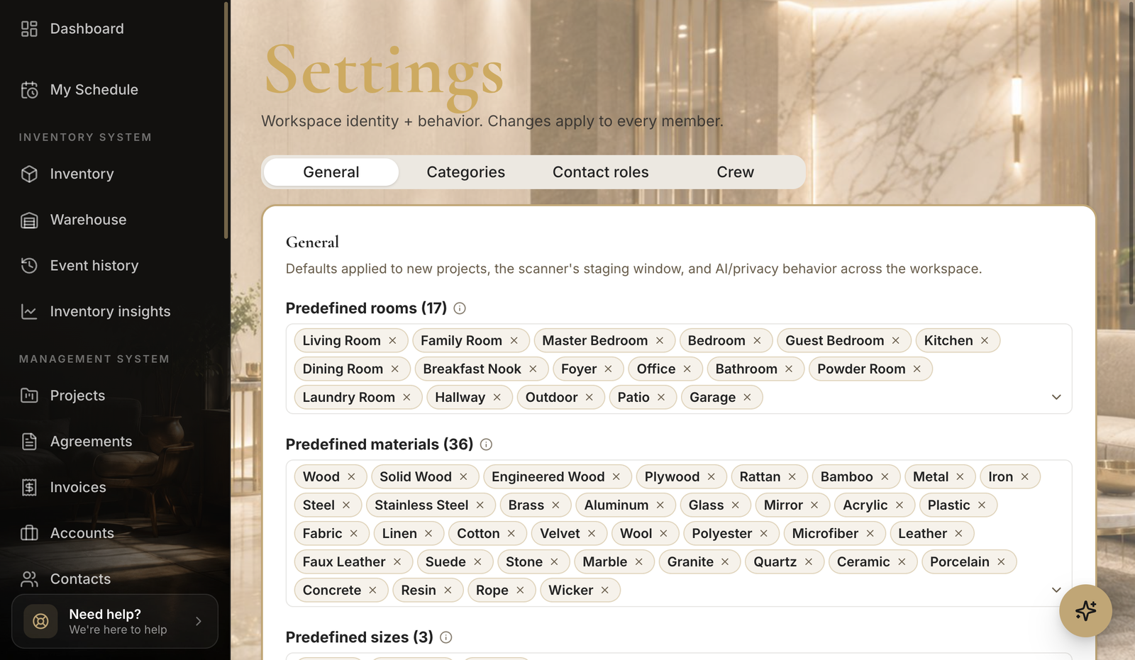 The Defaults settings page