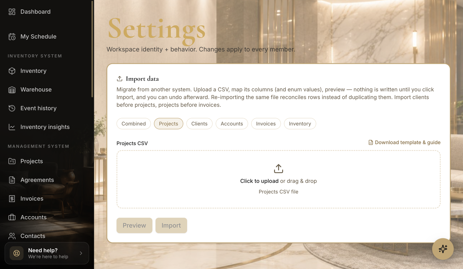 The Import settings page