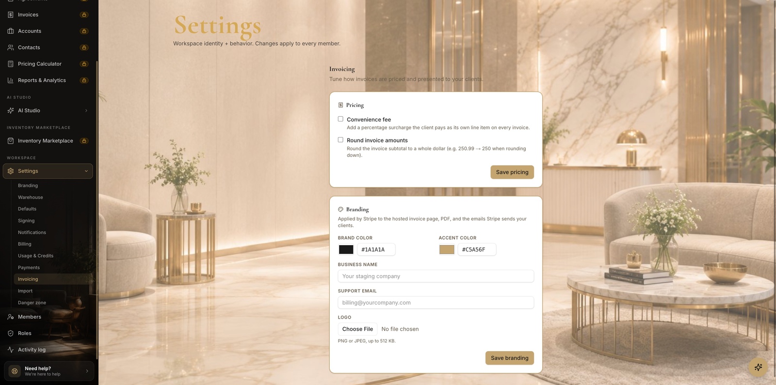 The Invoicing settings page