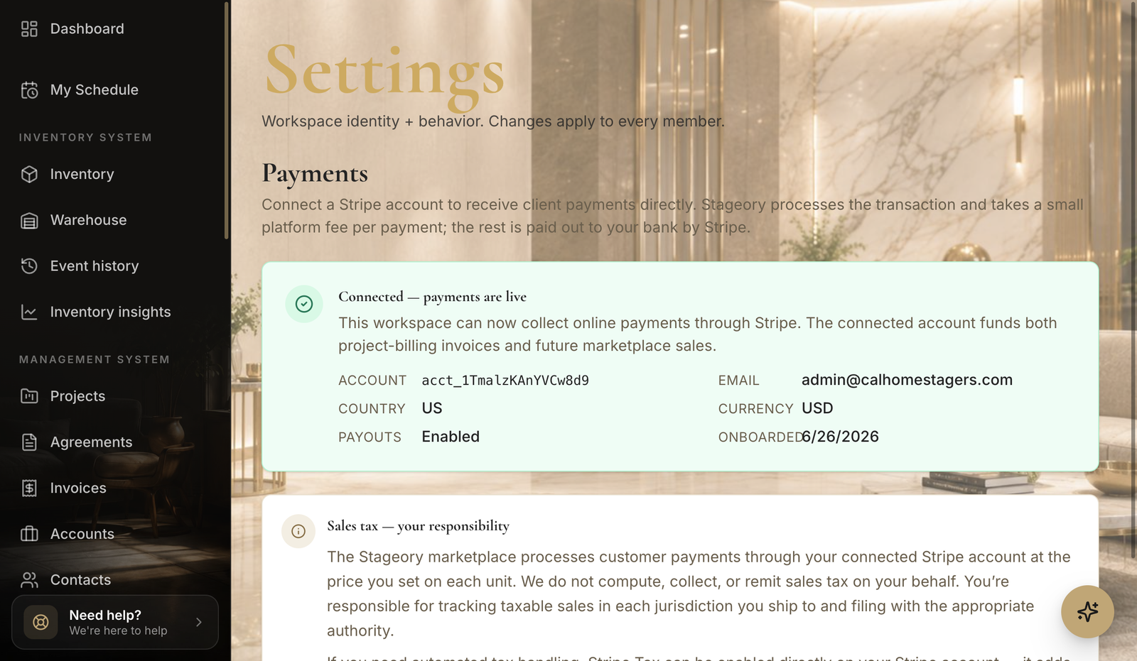 The Payments settings page