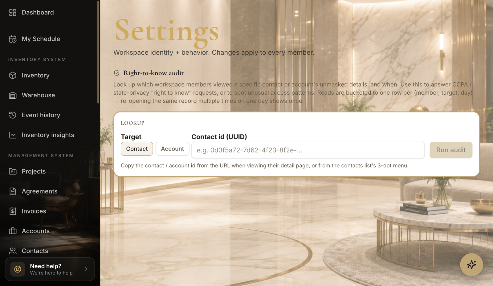 The Privacy settings page