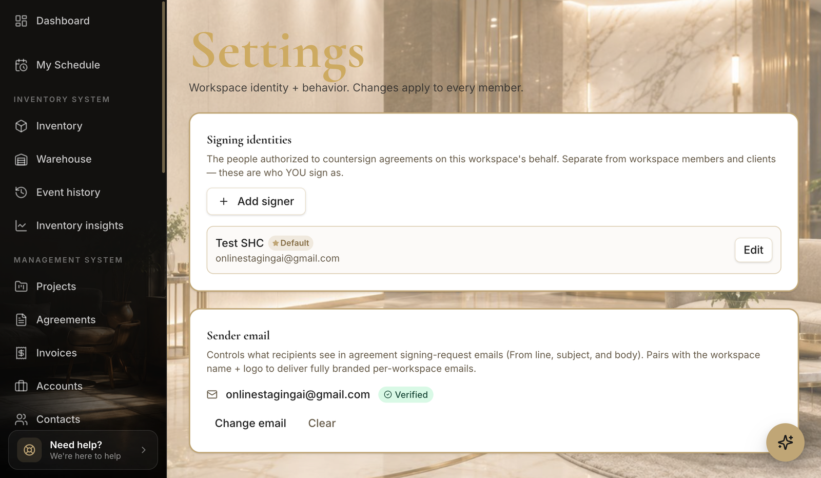 The Signing settings page