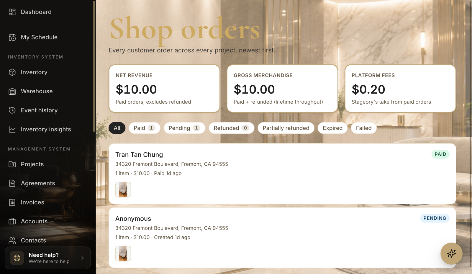 The Shop orders page