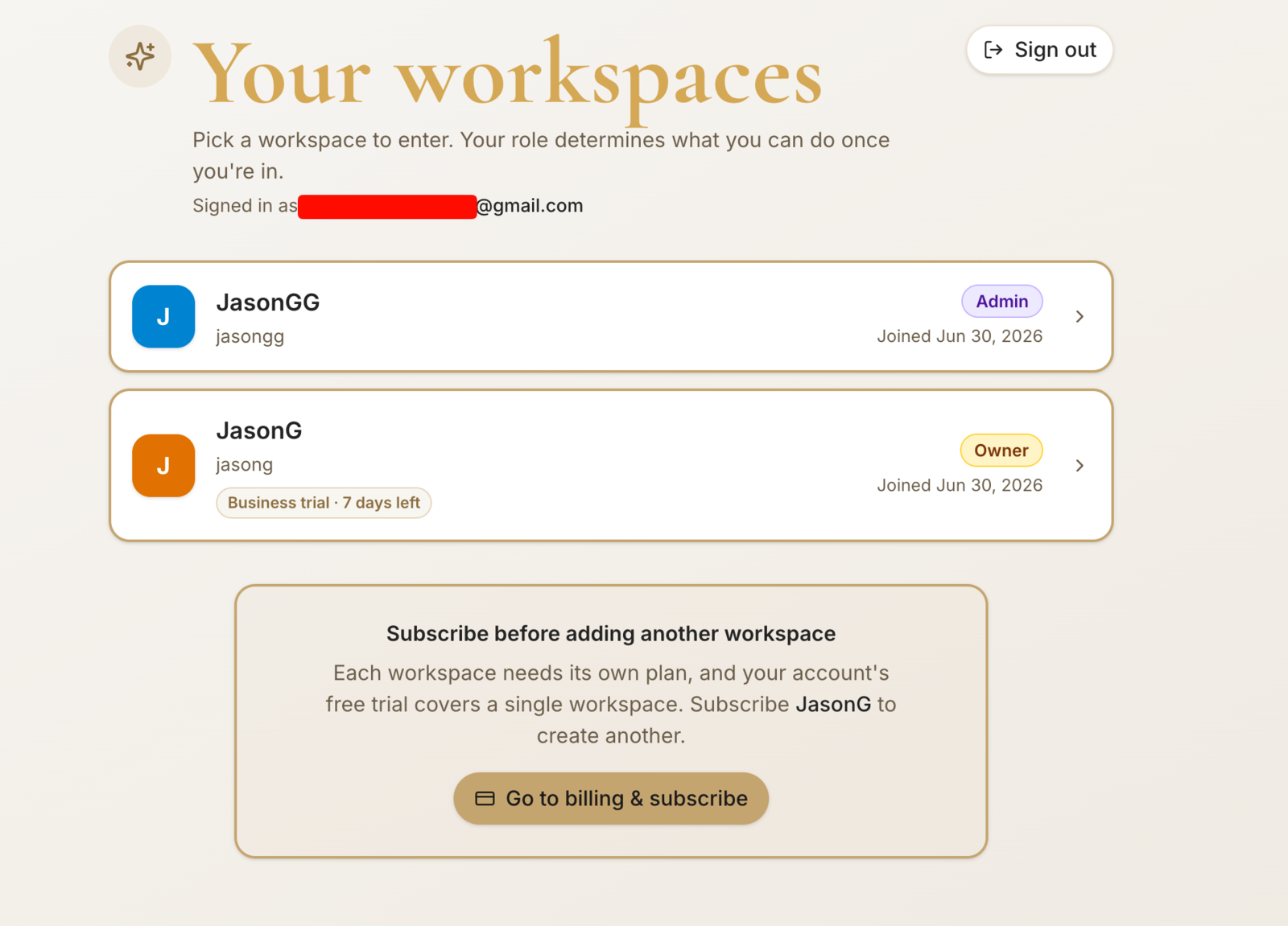 The Your workspaces page